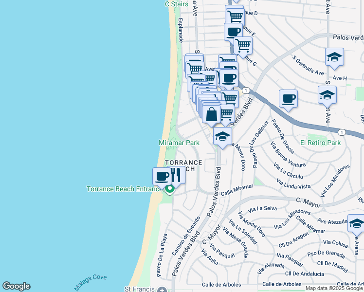 map of restaurants, bars, coffee shops, grocery stores, and more near 201 Calle Miramar in Redondo Beach