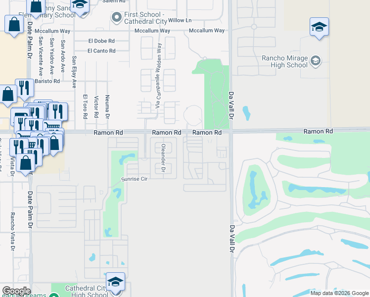 map of restaurants, bars, coffee shops, grocery stores, and more near 69801 Ramon Road in Cathedral City