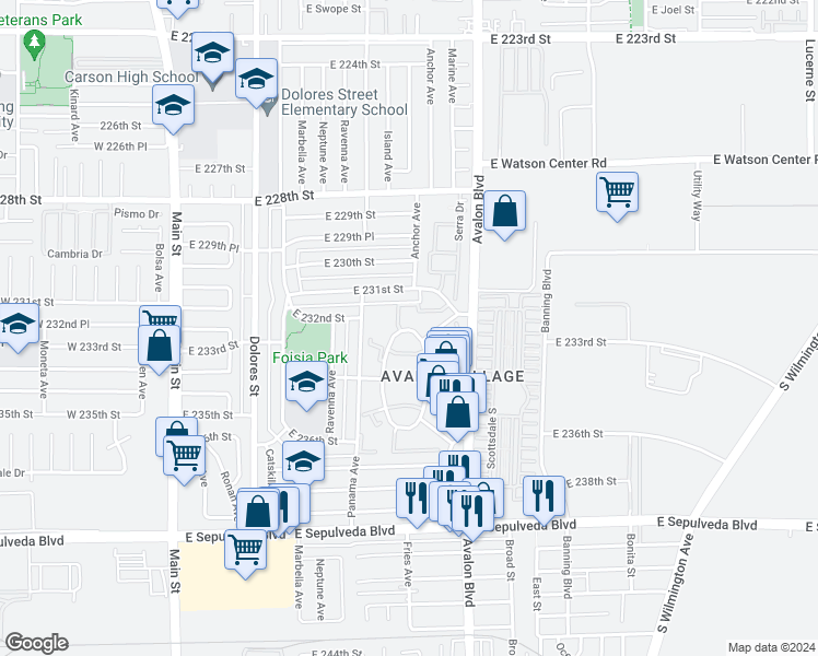 map of restaurants, bars, coffee shops, grocery stores, and more near 23220 Anchor Avenue in Carson