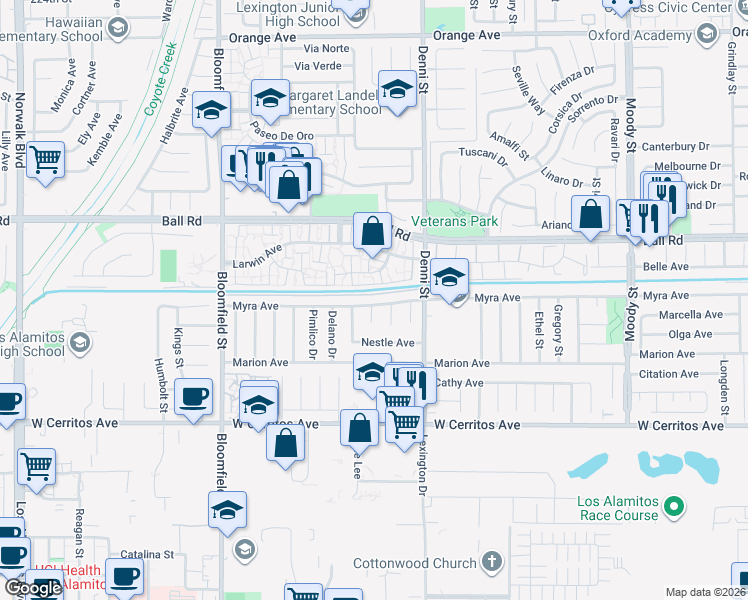 map of restaurants, bars, coffee shops, grocery stores, and more near 4361 Myra Avenue in Cypress