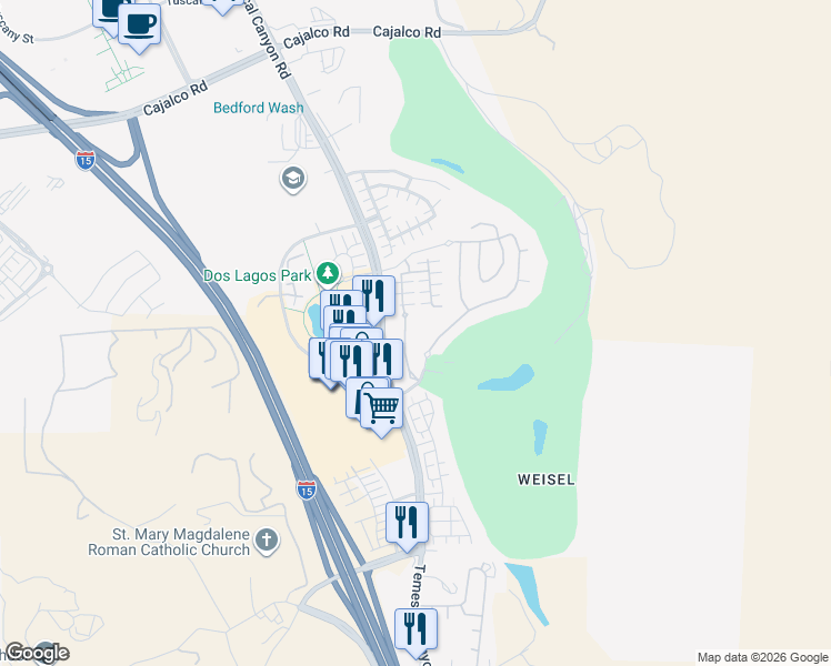 map of restaurants, bars, coffee shops, grocery stores, and more near 4429 Owens Street in Corona