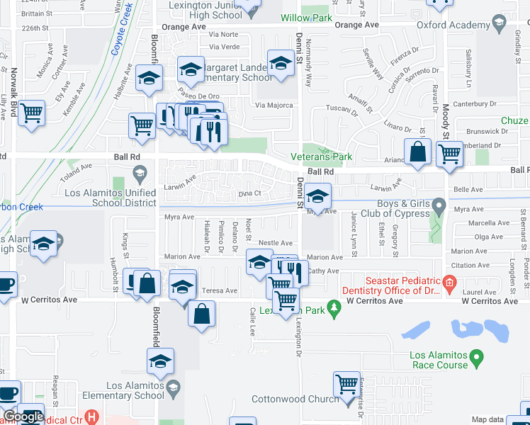 map of restaurants, bars, coffee shops, grocery stores, and more near 4361 Myra Avenue in Cypress