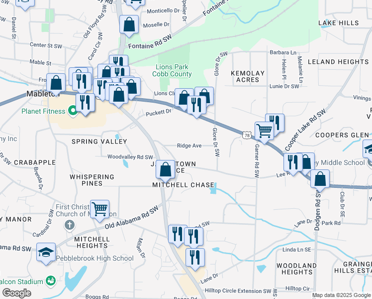 map of restaurants, bars, coffee shops, grocery stores, and more near 547 Ridge Avenue in Mableton
