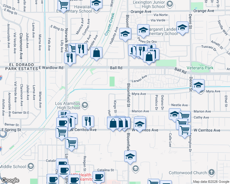 map of restaurants, bars, coffee shops, grocery stores, and more near 3931 Myra Avenue in Los Alamitos