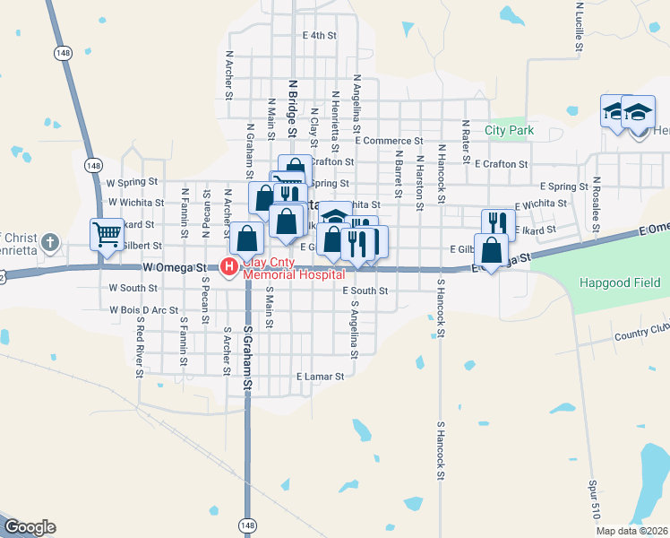 map of restaurants, bars, coffee shops, grocery stores, and more near 301 E Omega St in Henrietta