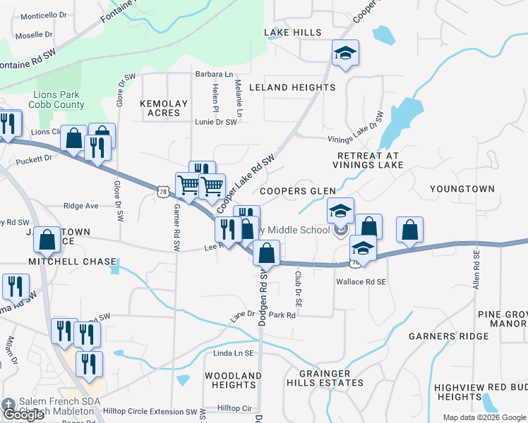 map of restaurants, bars, coffee shops, grocery stores, and more near 120 Veterans Memorial Highway Southwest in Mableton