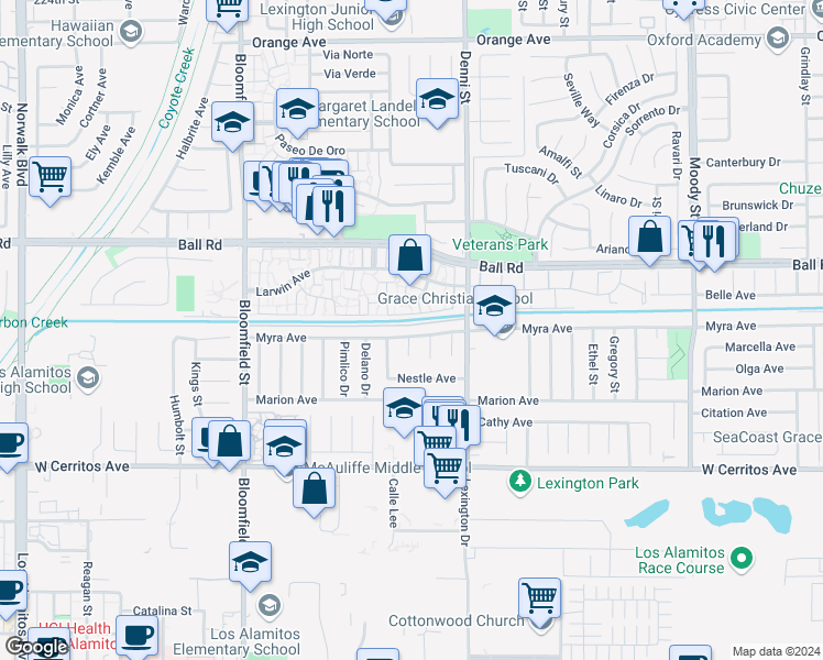 map of restaurants, bars, coffee shops, grocery stores, and more near 4361 Myra Avenue in Cypress