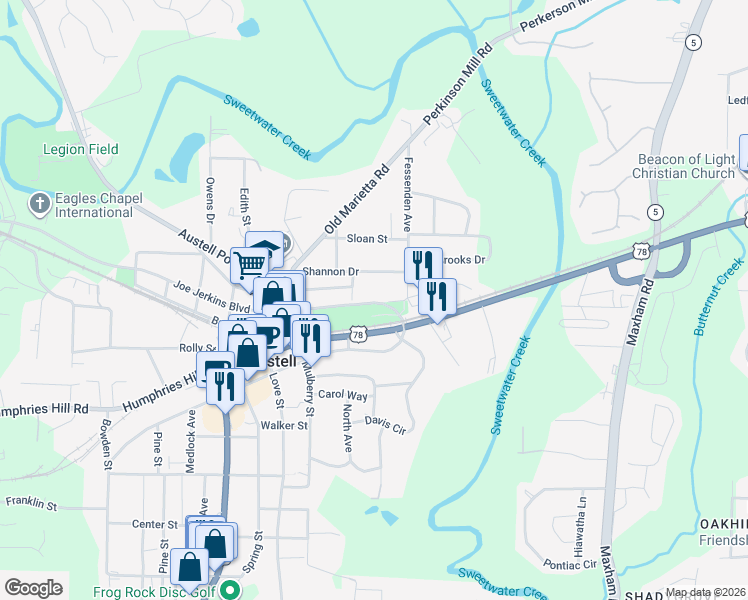 map of restaurants, bars, coffee shops, grocery stores, and more near 2544 Joe Jerkins Boulevard in Austell