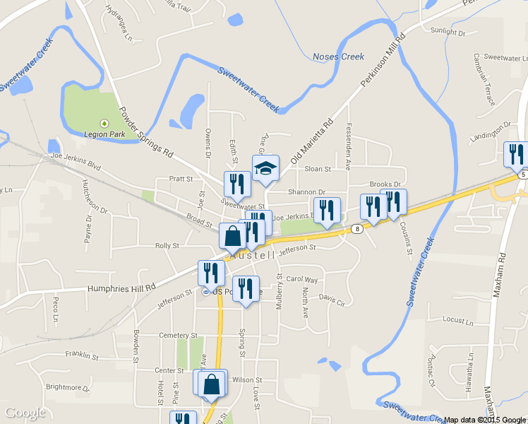 map of restaurants, bars, coffee shops, grocery stores, and more near 2740 Joe Jerkins Blvd in Austell