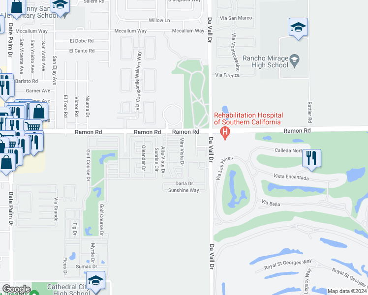 map of restaurants, bars, coffee shops, grocery stores, and more near 69801 Ramon Road in Cathedral City