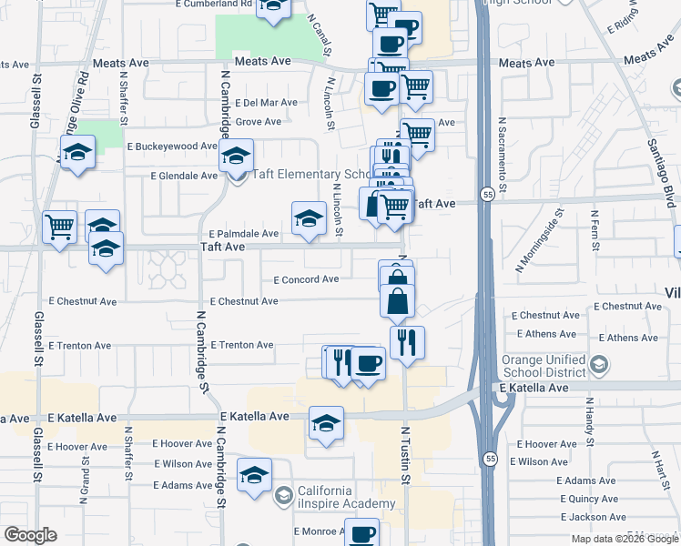 map of restaurants, bars, coffee shops, grocery stores, and more near 1445 East Concord Avenue in Orange