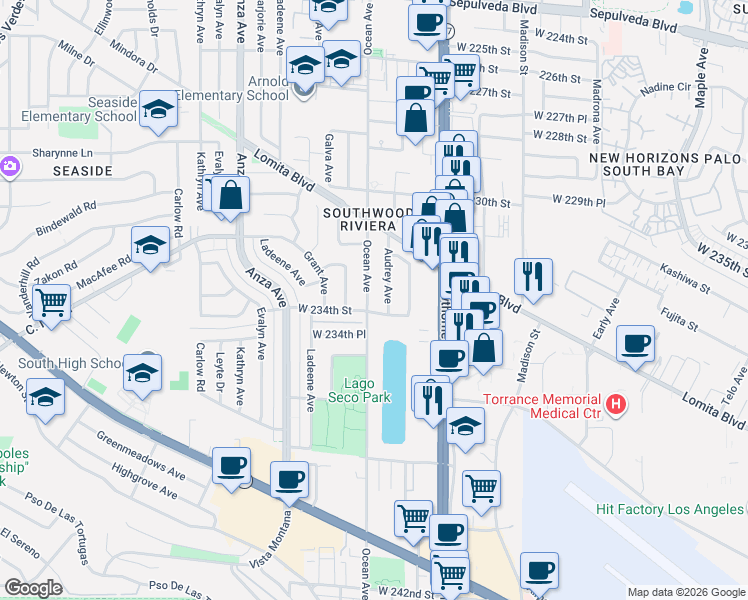 map of restaurants, bars, coffee shops, grocery stores, and more near 23318 Ocean Avenue in Torrance