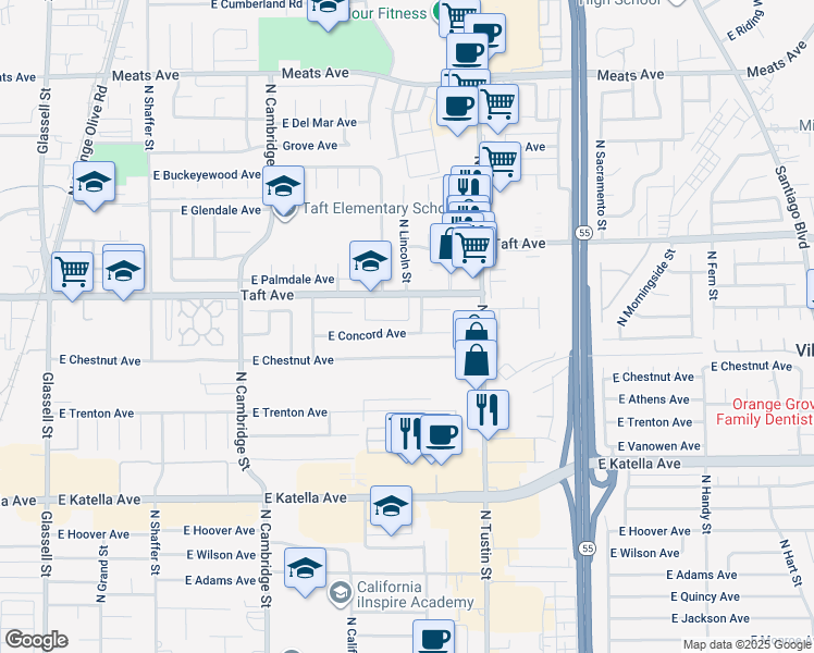 map of restaurants, bars, coffee shops, grocery stores, and more near 1445 East Concord Avenue in Orange