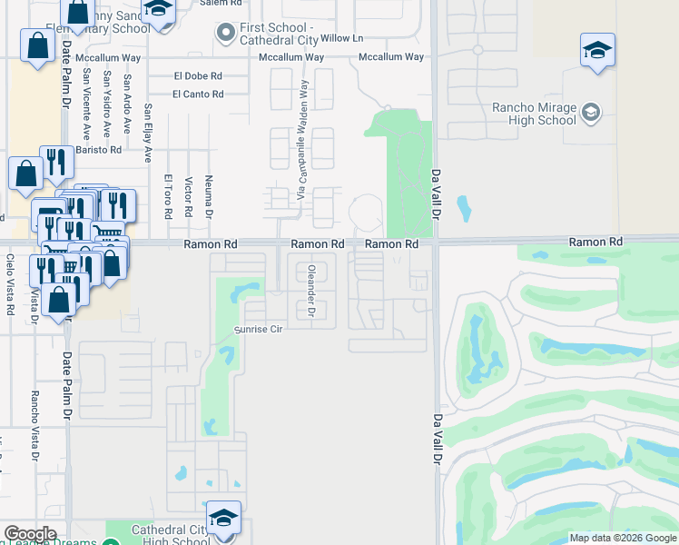 map of restaurants, bars, coffee shops, grocery stores, and more near 69801 Ramon Road in Cathedral City