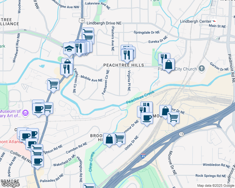 map of restaurants, bars, coffee shops, grocery stores, and more near 2190 Stephen Long Drive Northeast in Atlanta