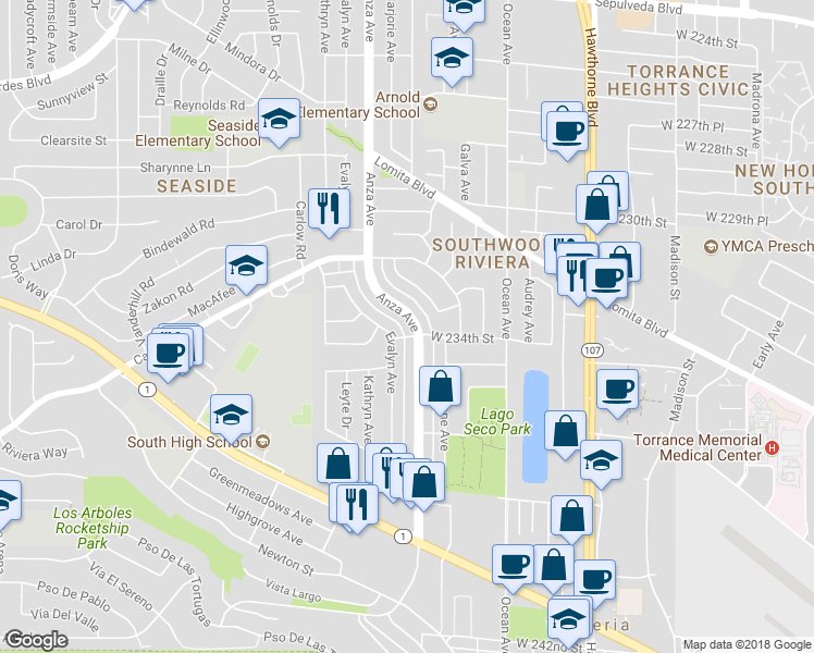 map of restaurants, bars, coffee shops, grocery stores, and more near 23333 Anza Avenue in Torrance