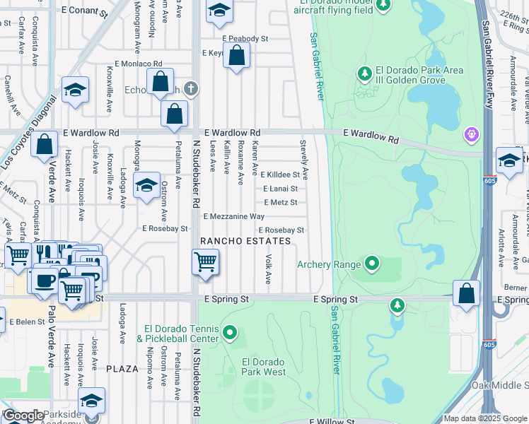 map of restaurants, bars, coffee shops, grocery stores, and more near 7115 East Mezzanine Way in Long Beach