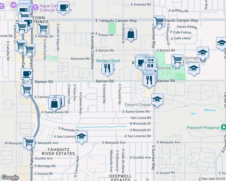 map of restaurants, bars, coffee shops, grocery stores, and more near 1111 Ramon Road in Palm Springs
