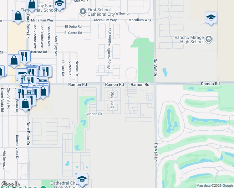 map of restaurants, bars, coffee shops, grocery stores, and more near Oleander Drive in Cathedral City
