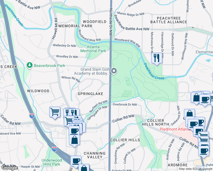 map of restaurants, bars, coffee shops, grocery stores, and more near 2166 Northside Drive Northwest in Atlanta
