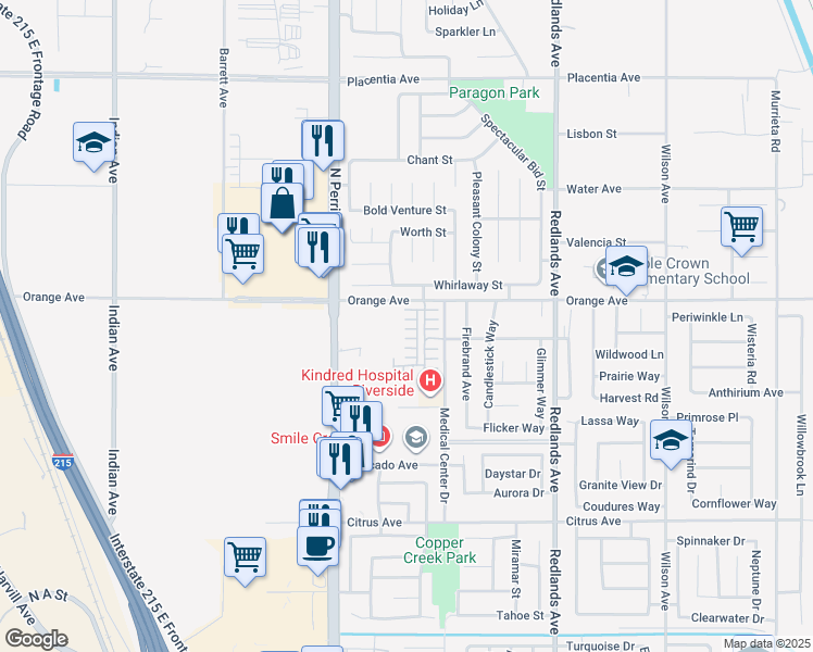 map of restaurants, bars, coffee shops, grocery stores, and more near 130 Citron Court in Perris