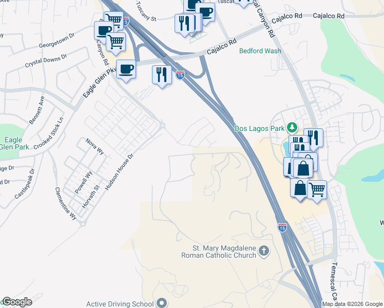 map of restaurants, bars, coffee shops, grocery stores, and more near 21250 Glen Road in Corona