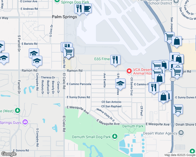 map of restaurants, bars, coffee shops, grocery stores, and more near 3777 East Calle De Carlos in Palm Springs