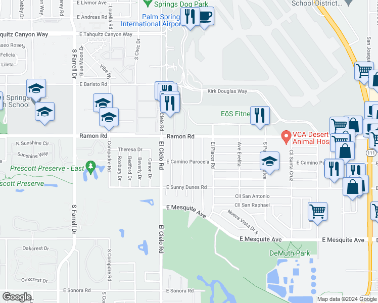 map of restaurants, bars, coffee shops, grocery stores, and more near 573 Desert Way in Palm Springs