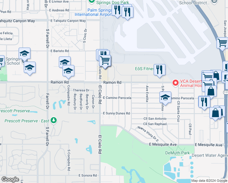 map of restaurants, bars, coffee shops, grocery stores, and more near 573 Desert Way in Palm Springs