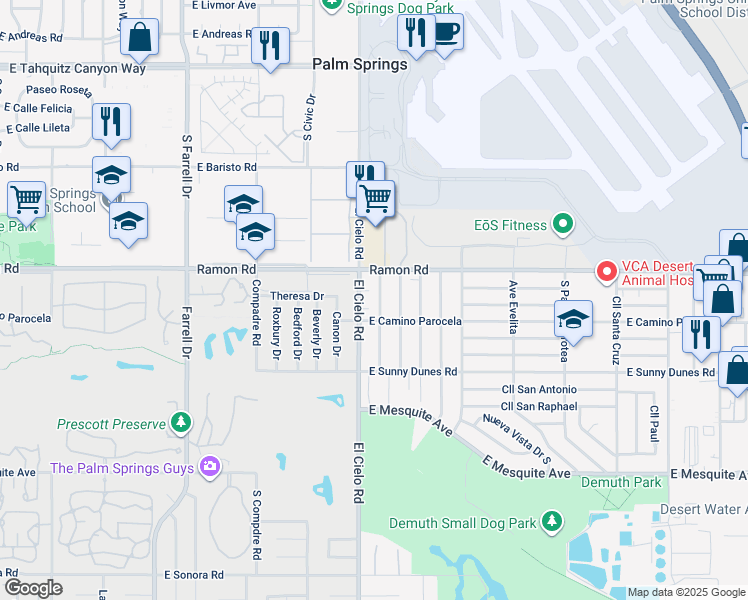 map of restaurants, bars, coffee shops, grocery stores, and more near 580 Desert View Drive in Palm Springs