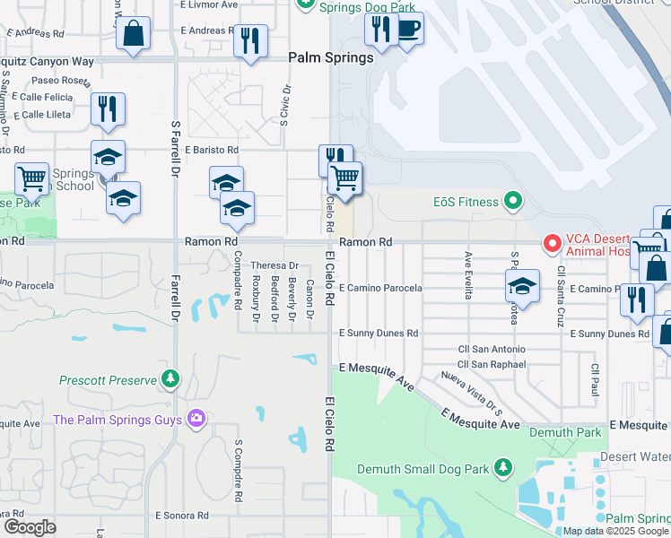 map of restaurants, bars, coffee shops, grocery stores, and more near 557 El Cielo Road in Palm Springs