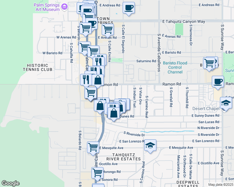 map of restaurants, bars, coffee shops, grocery stores, and more near 579 Calle Abronia South in Palm Springs