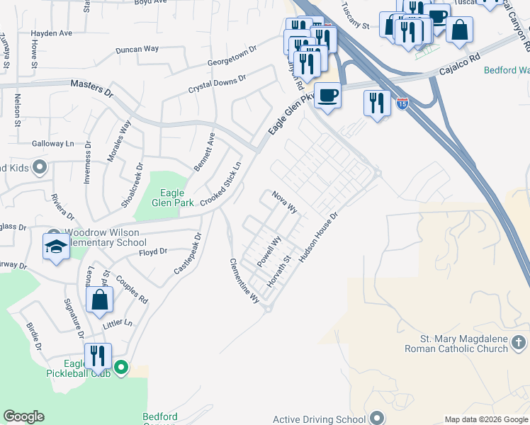 map of restaurants, bars, coffee shops, grocery stores, and more near 2284 Palmer Drive in Corona