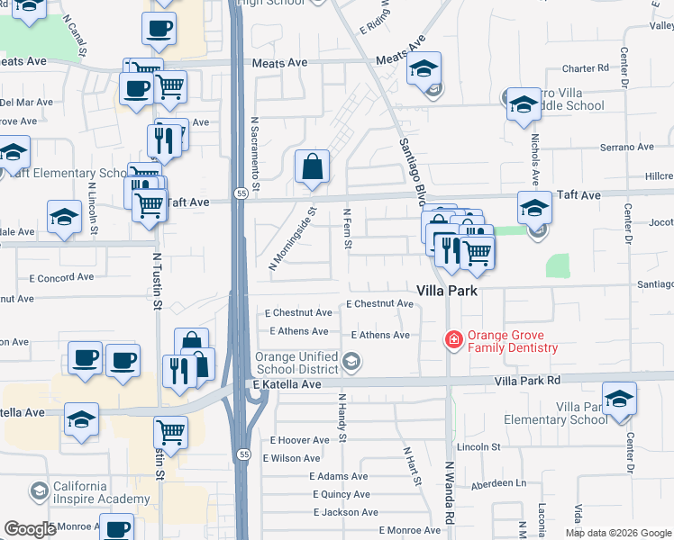 map of restaurants, bars, coffee shops, grocery stores, and more near 2403 East Parkside Avenue in Orange