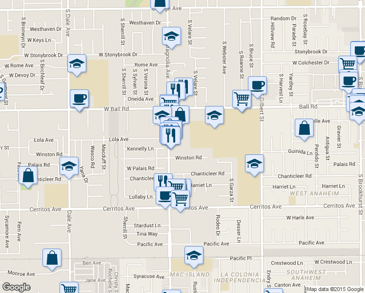 map of restaurants, bars, coffee shops, grocery stores, and more near 1324 South Magnolia Avenue in Anaheim
