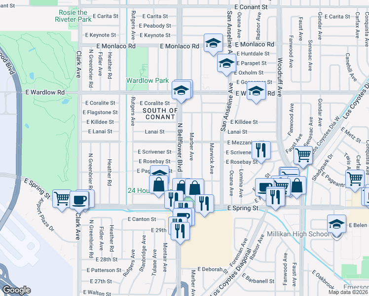 map of restaurants, bars, coffee shops, grocery stores, and more near 3146 North Bellflower Boulevard in Long Beach