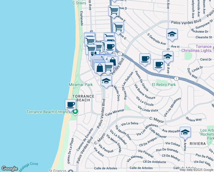 map of restaurants, bars, coffee shops, grocery stores, and more near in Torrance