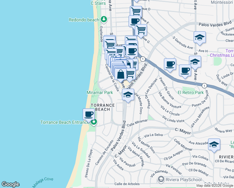 map of restaurants, bars, coffee shops, grocery stores, and more near 319 Palos Verdes Boulevard in Redondo Beach