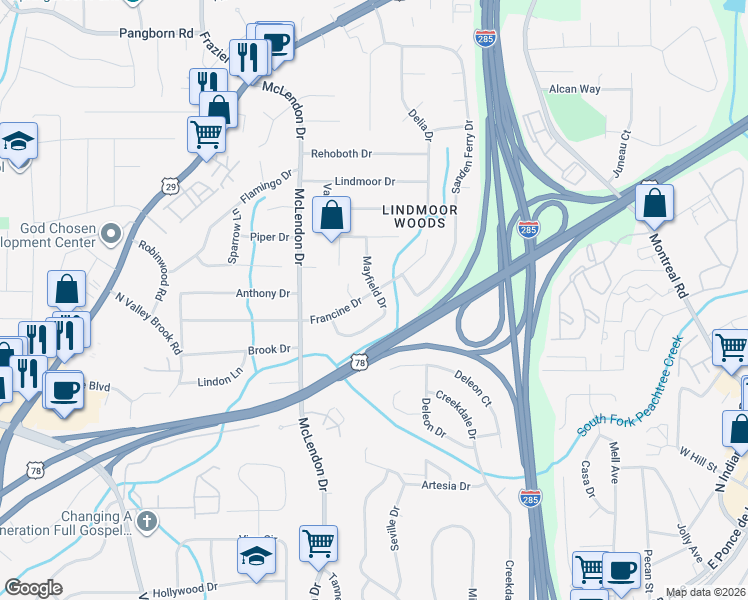 map of restaurants, bars, coffee shops, grocery stores, and more near 3221 Francine Drive in Decatur