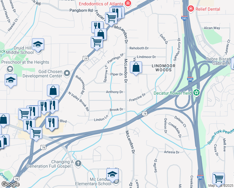 map of restaurants, bars, coffee shops, grocery stores, and more near 3113 Anthony Drive in Decatur
