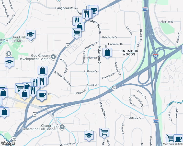 map of restaurants, bars, coffee shops, grocery stores, and more near 3107 Anthony Drive in Decatur