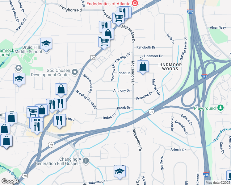 map of restaurants, bars, coffee shops, grocery stores, and more near 3081 Anthony Drive in Decatur