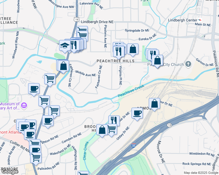 map of restaurants, bars, coffee shops, grocery stores, and more near 2190 Stephen Long Drive Northeast in Atlanta