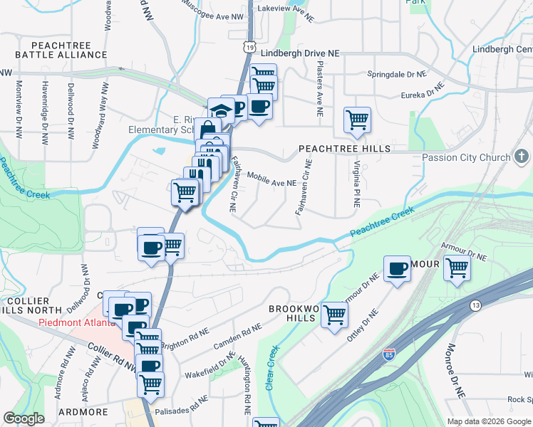 map of restaurants, bars, coffee shops, grocery stores, and more near 2100 Fairhaven Circle Northeast in Atlanta
