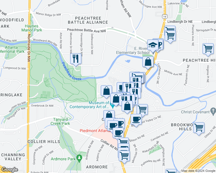 map of restaurants, bars, coffee shops, grocery stores, and more near 25 North Colonial Homes Circle Northwest in Atlanta