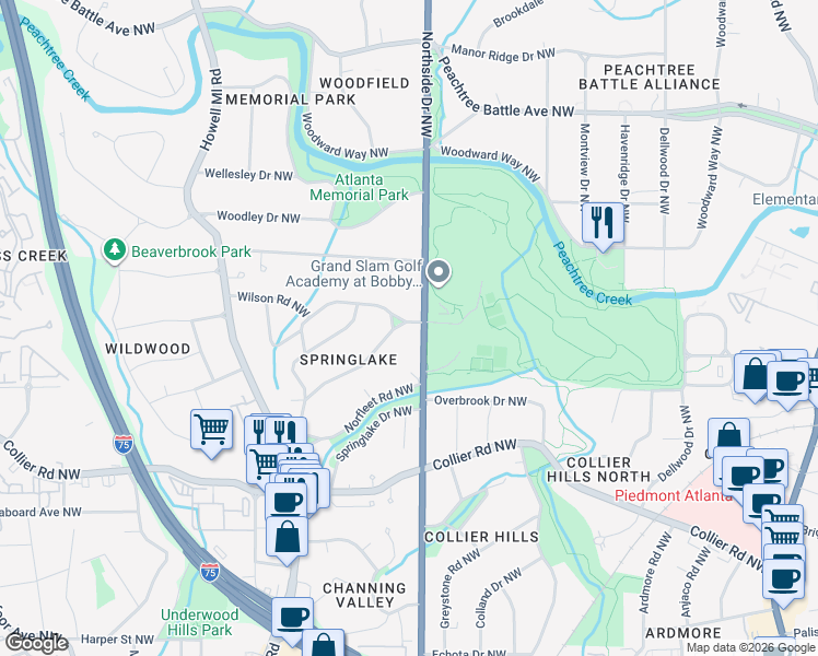 map of restaurants, bars, coffee shops, grocery stores, and more near 2166 Northside Drive Northwest in Atlanta