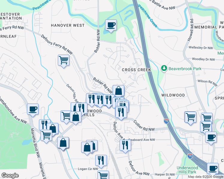 map of restaurants, bars, coffee shops, grocery stores, and more near 2103 Bohler Road Northwest in Atlanta