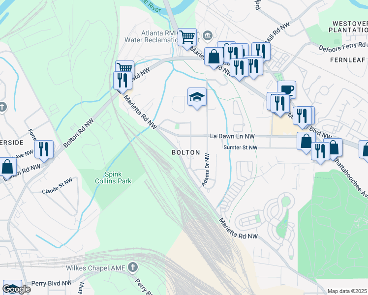 map of restaurants, bars, coffee shops, grocery stores, and more near 2149 Whittier Place Northwest in Atlanta