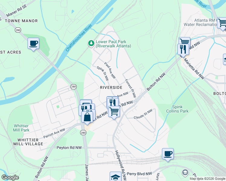 map of restaurants, bars, coffee shops, grocery stores, and more near 2152 Spink Street Northwest in Atlanta