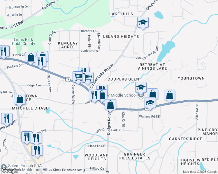 map of restaurants, bars, coffee shops, grocery stores, and more near 120 Veterans Memorial Highway Southwest in Mableton